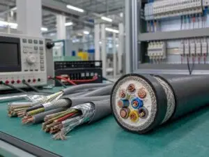 Shielded multicore control cable samples on a factory inspection bench