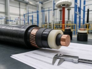 Medium voltage XLPE cable construction sample in a factory testing area for IEC 60502-2 specification review