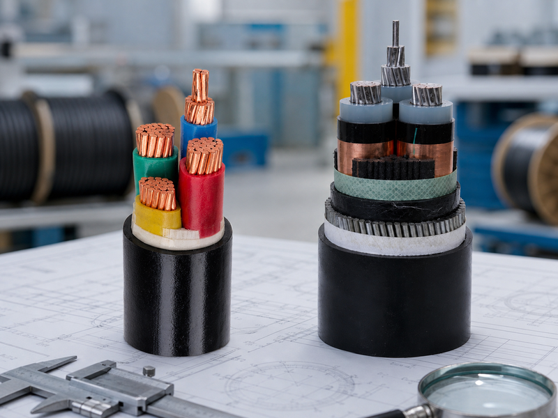 XLPE and PVC insulated power cable samples compared on an engineering specification desk