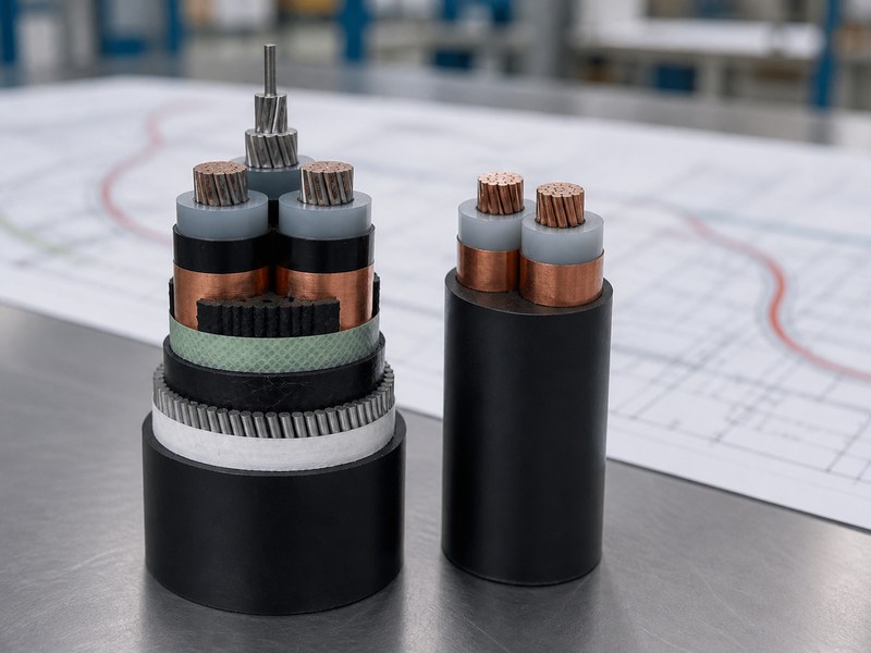 Armored and unarmored medium voltage cable samples for underground project comparison