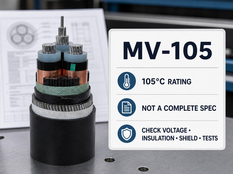 MV-105 cable meaning explainer showing 105 degree Celsius rating and specification checklist