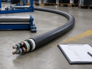 Medium voltage cable laid in a broad controlled curve on rollers for installation planning