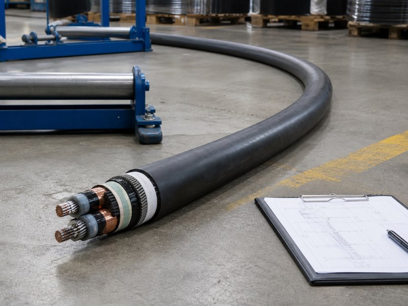 Medium voltage cable laid in a broad controlled curve on rollers for installation planning