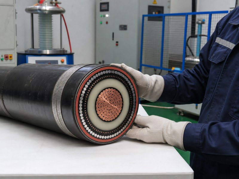 Medium voltage power cable sample prepared for partial discharge testing before shipment