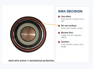 Steel wire armored MV cable decision diagram showing armor route risk screen separation and single core review