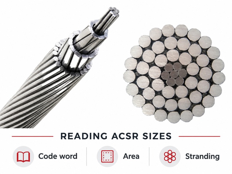 ACSR cutaway and cross-section with code word, area and stranding labels