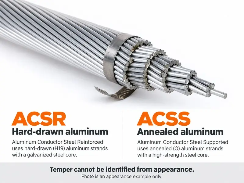 Conductor sample with labels distinguishing hard-drawn and annealed aluminum