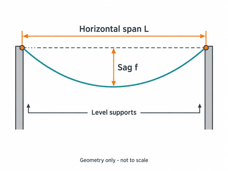 Diagram of equal-height supports with horizontal span L and vertical midspan sag f
