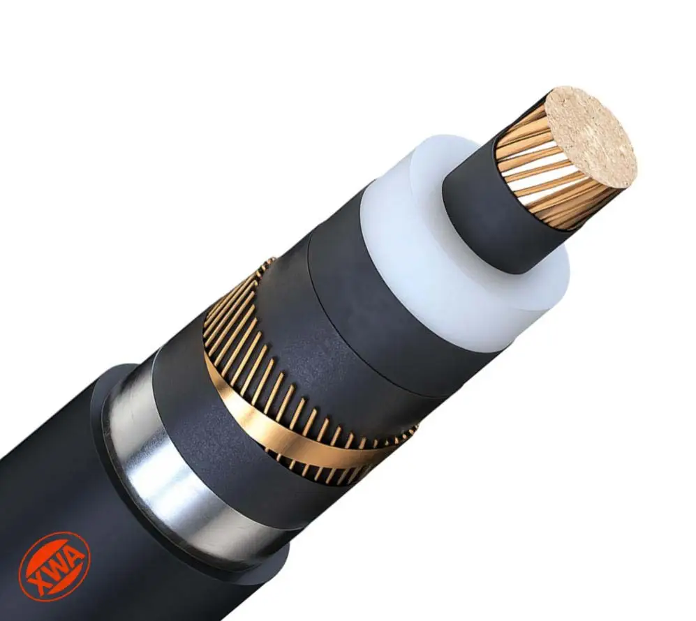 Illustrated straight copper single-core cable with copper wire screen, thin metallic moisture barrier and black PE sheath