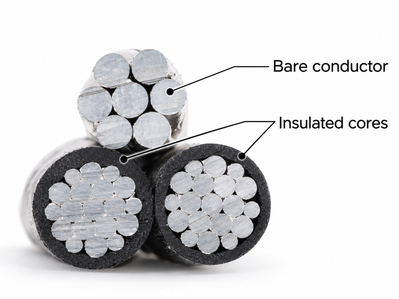 Real aerial bundle sample showing two insulated cores and one bare stranded member with callouts