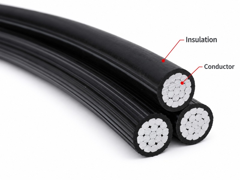 Three insulated stranded conductor ends with conductor and insulation callouts