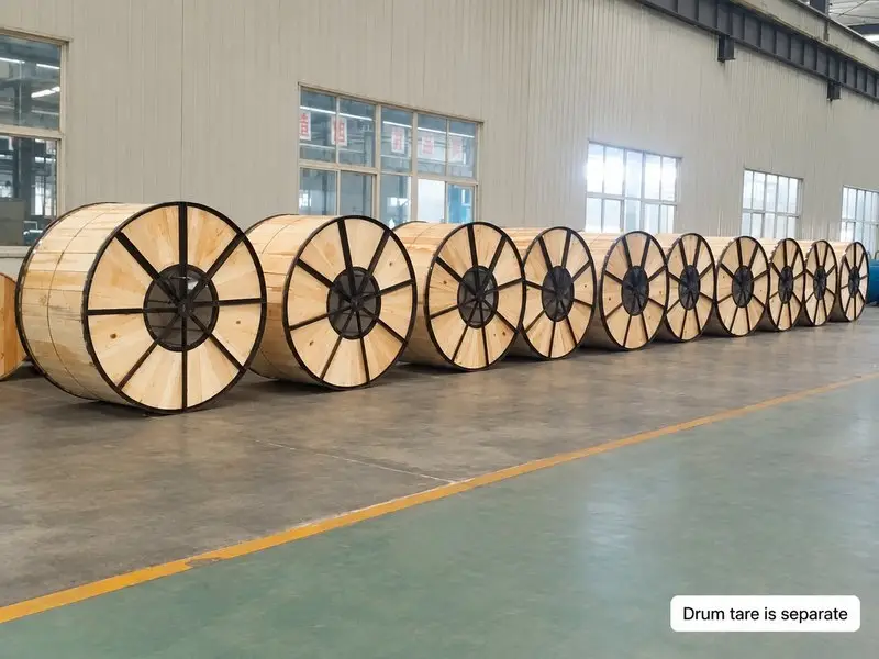 Real wooden drum reference photograph with a reminder that tare is separate from cable net mass