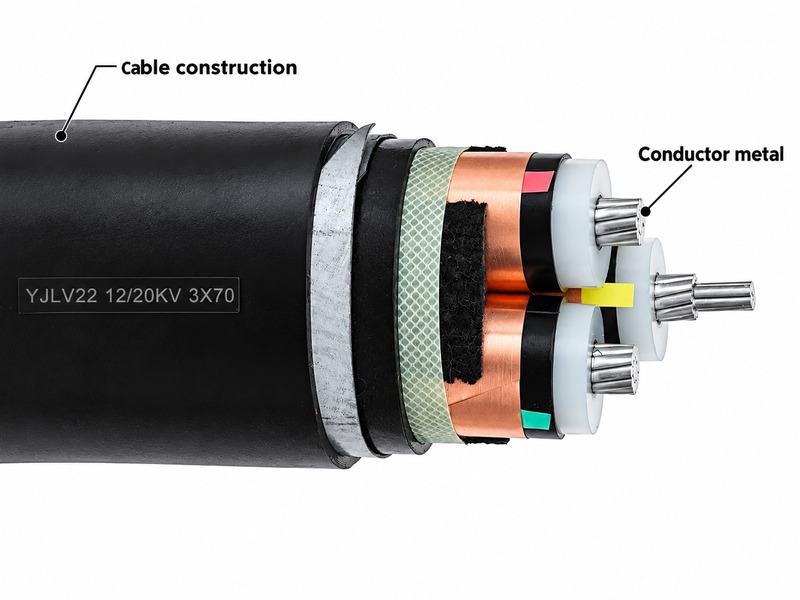 Annotated real cable sample separating visible conductor metal from the surrounding construction