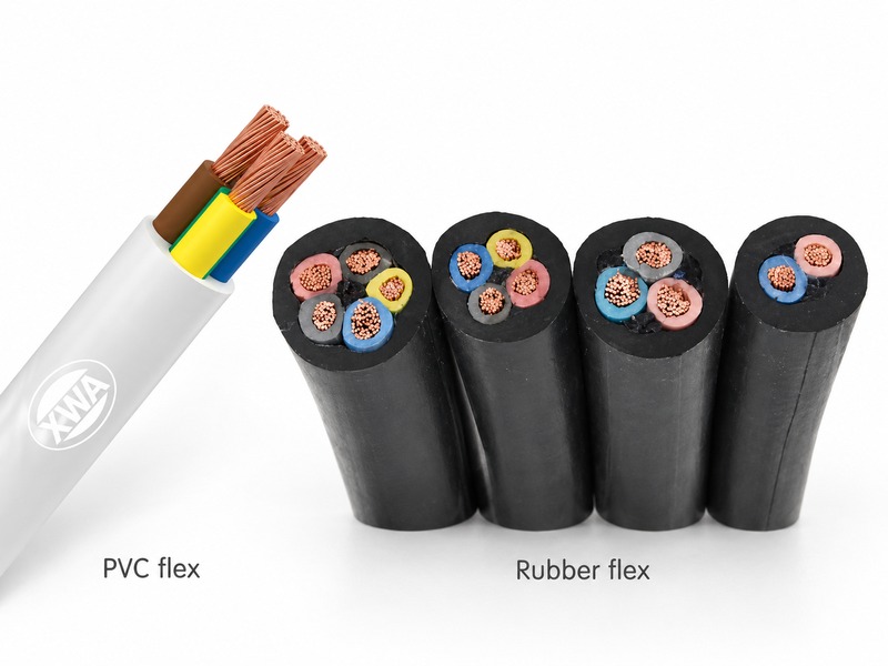 White three-core flexible PVC cable beside black rubber-sheathed cable samples