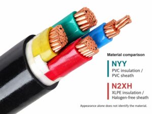 NYY PVC 층과 N2XH XLPE 절연체 및 무할로겐 외피를 비교한 메모 옆의 4코어 구리 케이블 사진